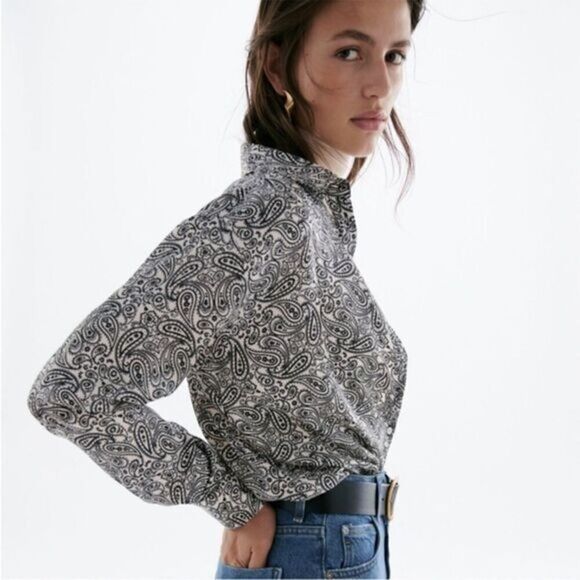 Zara Satin Effect Long Sleeve Paisley Print Button Up Shirt - Picture 1 of 9